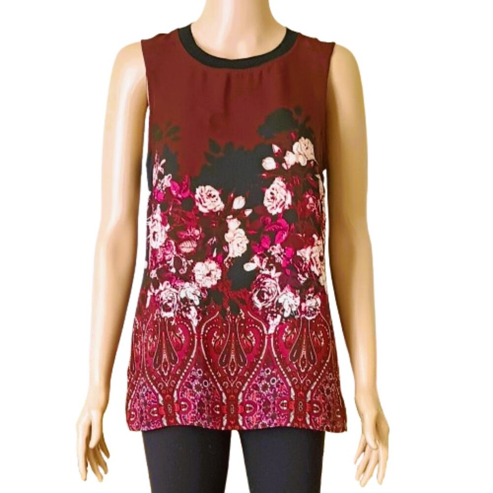 Adrianna Papell Sleeveless Floral Blouse S Wine Red Semi Sheer Scoop Hem Top